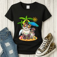 Cute Cat & Xmas Lights Palm Tree Christmas In July Summer Womens T-Shirt