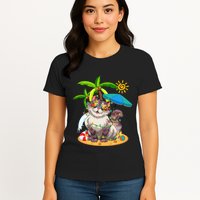 Cute Cat & Xmas Lights Palm Tree Christmas In July Summer Womens T-Shirt
