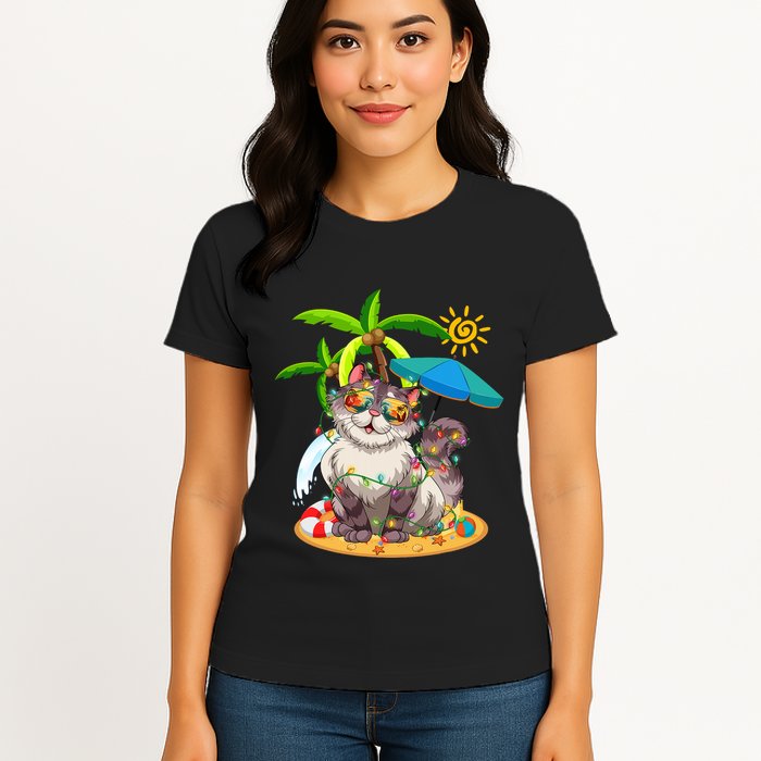 Cute Cat & Xmas Lights Palm Tree Christmas In July Summer Womens T-Shirt