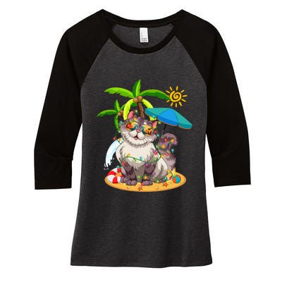 Cute Cat & Xmas Lights Palm Tree Christmas In July Summer Women's Tri-Blend 3/4-Sleeve Raglan Shirt