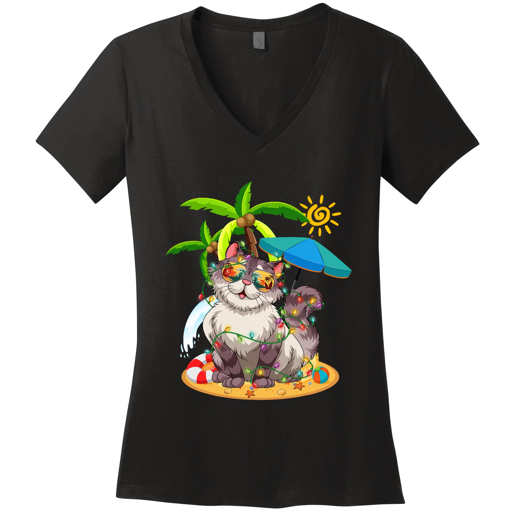 Cute Cat & Xmas Lights Palm Tree Christmas In July Summer Women's V-Neck T-Shirt