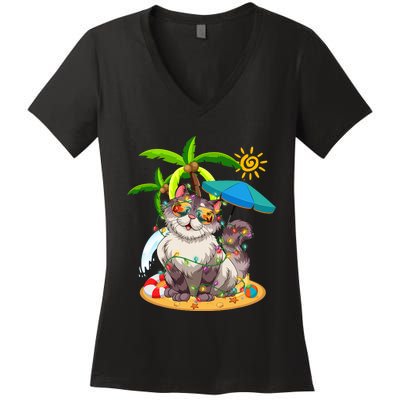 Cute Cat & Xmas Lights Palm Tree Christmas In July Summer Women's V-Neck T-Shirt