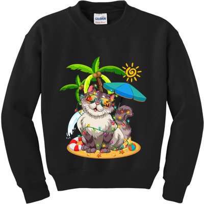 Cute Cat & Xmas Lights Palm Tree Christmas In July Summer Kids Sweatshirt