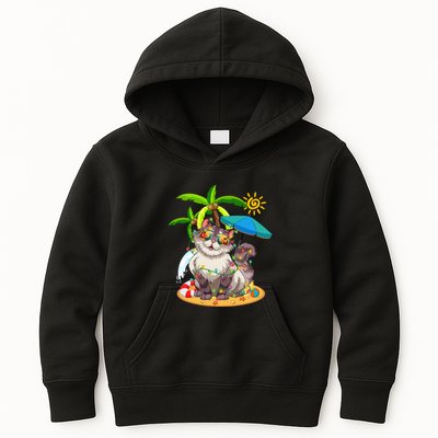 Cute Cat & Xmas Lights Palm Tree Christmas In July Summer Kids Hoodie