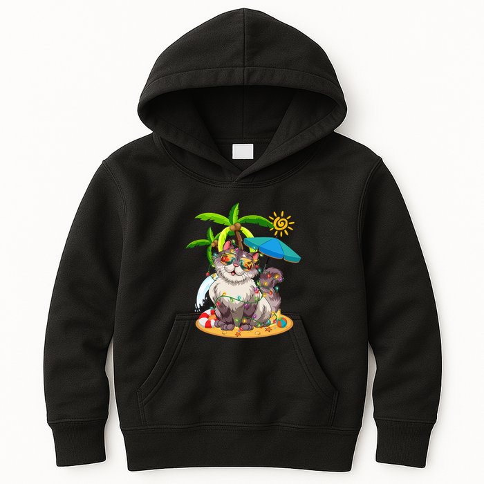 Cute Cat & Xmas Lights Palm Tree Christmas In July Summer Kids Hoodie