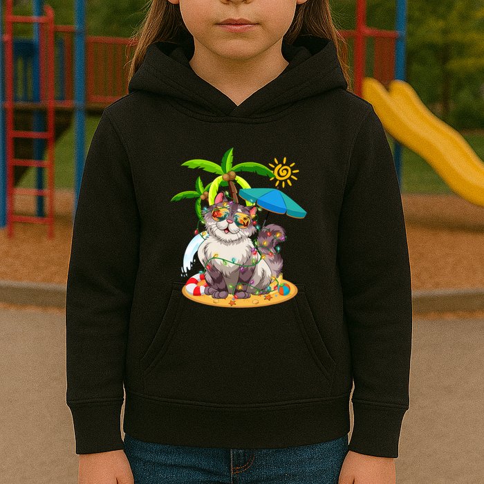 Cute Cat & Xmas Lights Palm Tree Christmas In July Summer Kids Hoodie