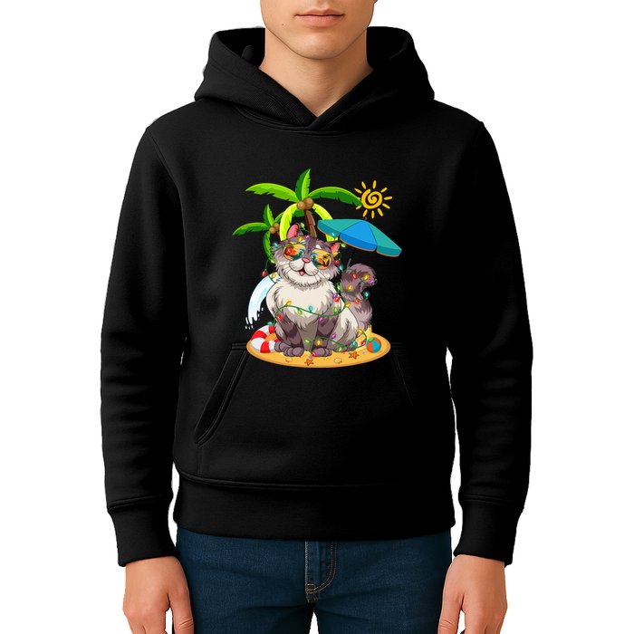 Cute Cat & Xmas Lights Palm Tree Christmas In July Summer Kids Hoodie
