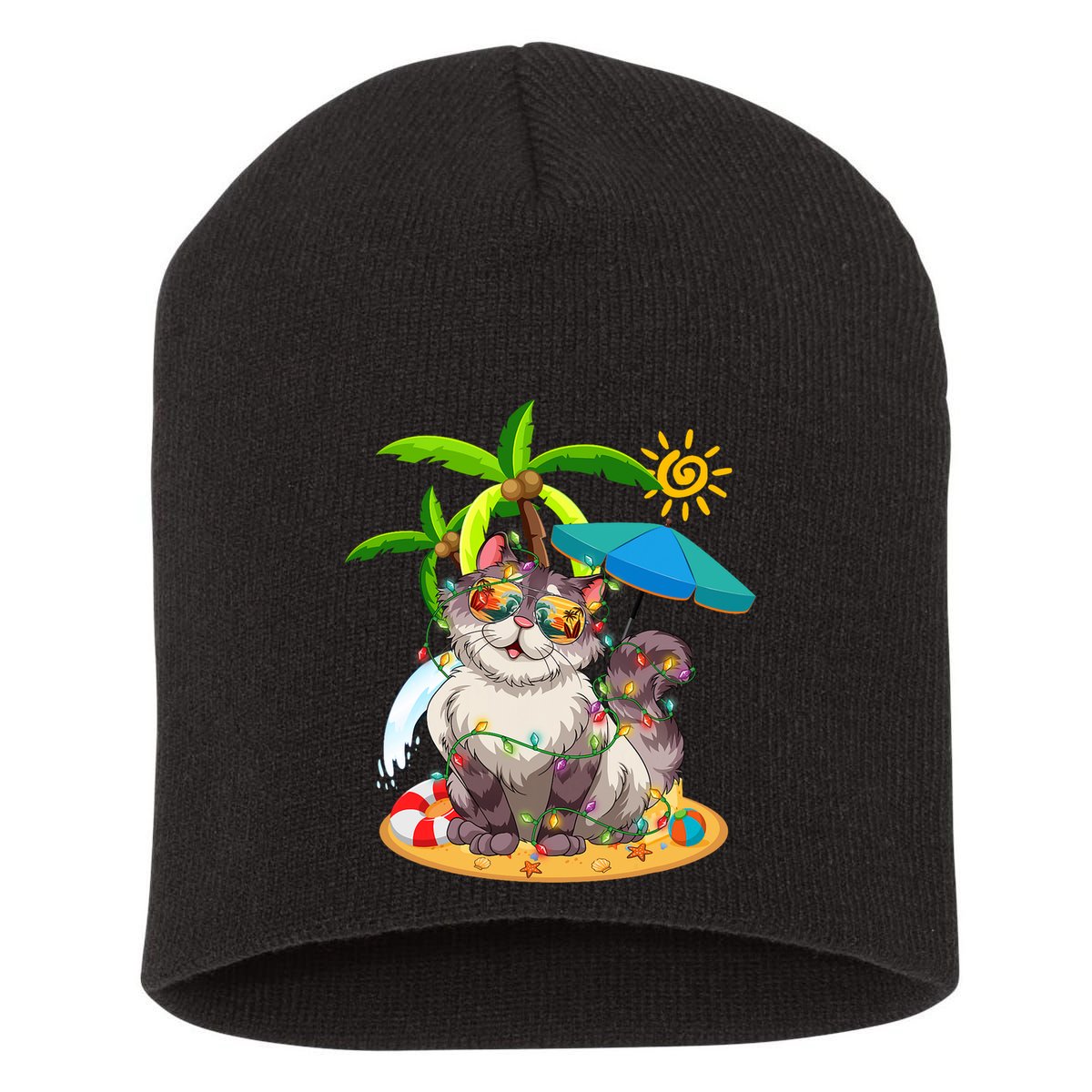 Cute Cat & Xmas Lights Palm Tree Christmas In July Summer Short Acrylic Beanie