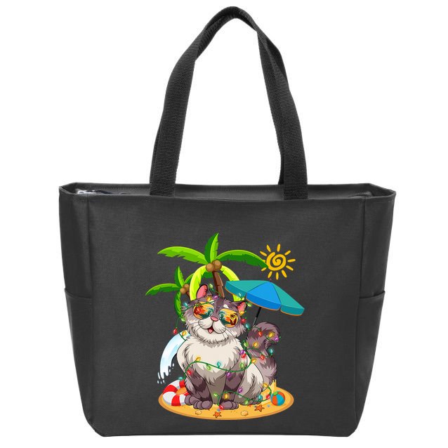 Cute Cat & Xmas Lights Palm Tree Christmas In July Summer Zip Tote Bag