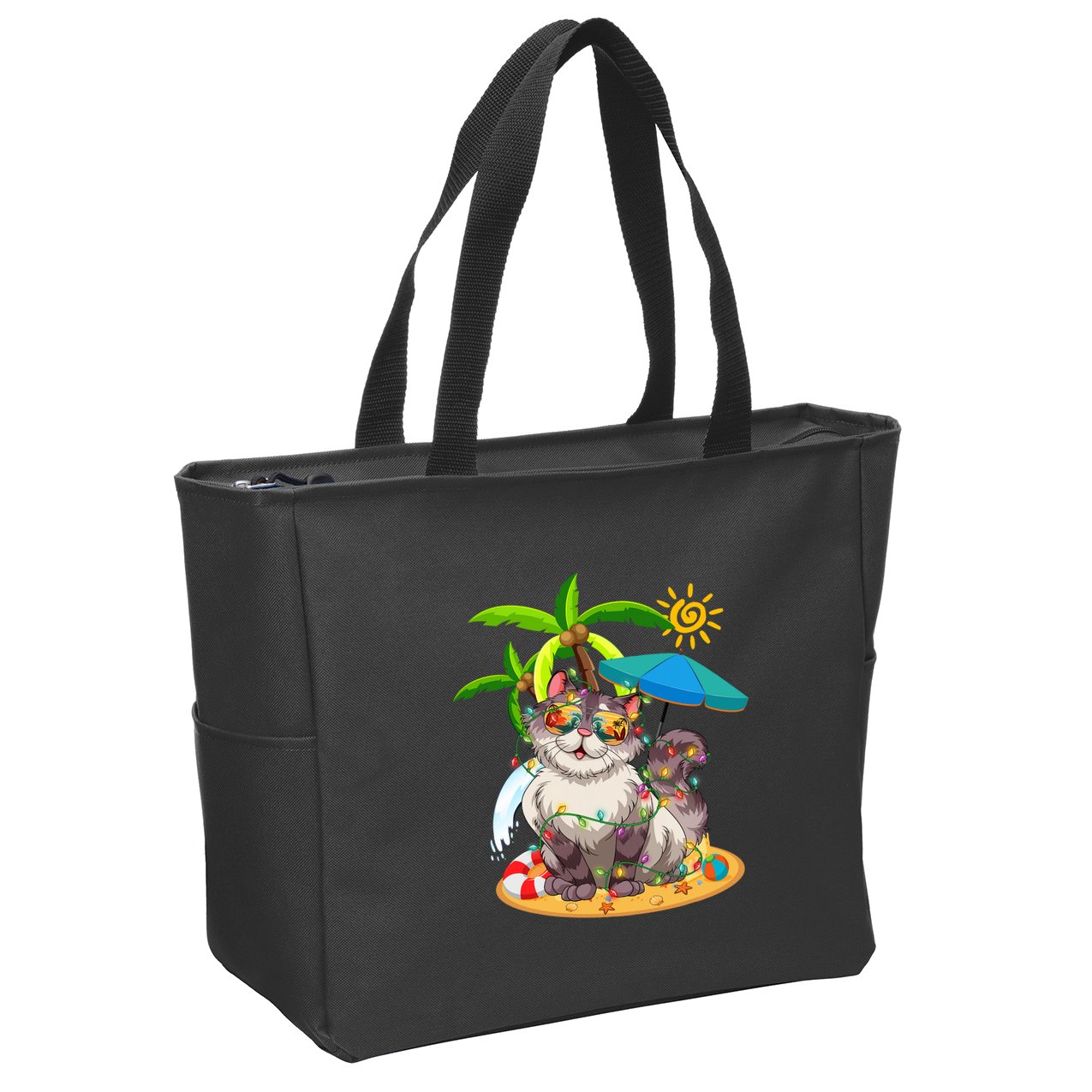 Cute Cat & Xmas Lights Palm Tree Christmas In July Summer Zip Tote Bag