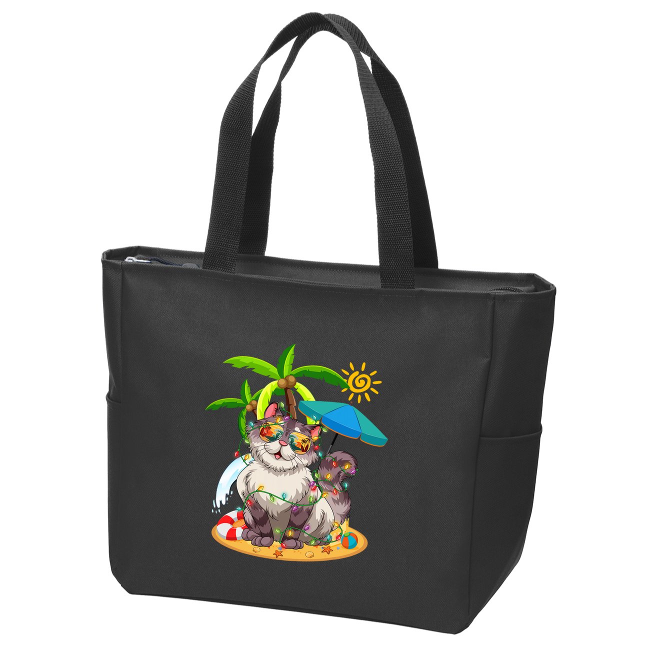 Cute Cat & Xmas Lights Palm Tree Christmas In July Summer Zip Tote Bag