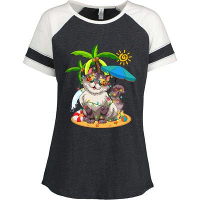 Cute Cat & Xmas Lights Palm Tree Christmas In July Summer Enza Ladies Jersey Colorblock Tee