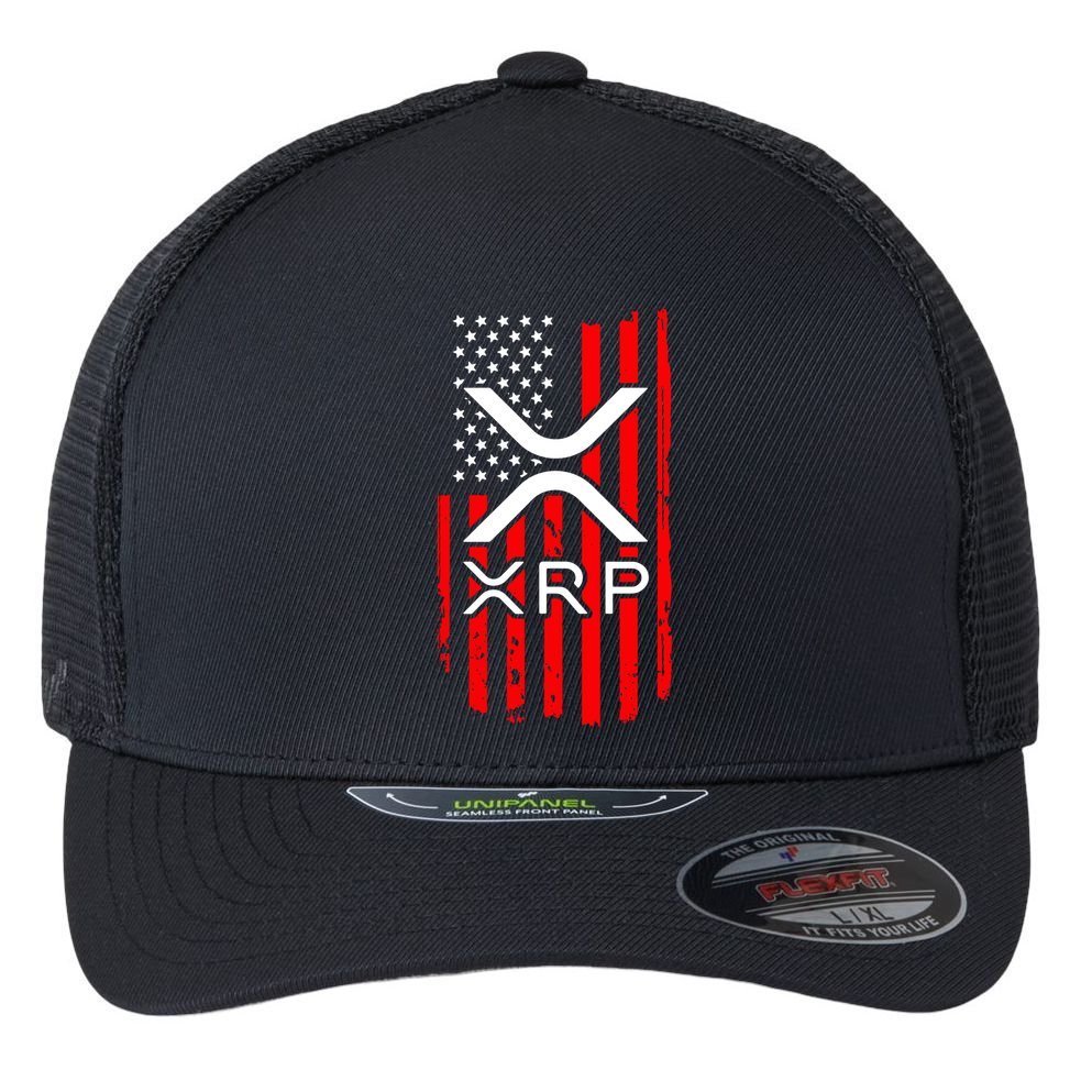 Crypto Currency Xrp Ripple Internet Money American Flag Flexfit Unipanel Trucker Cap