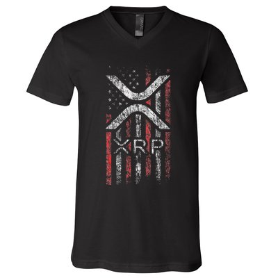 Crypto Currency Xrp Cryptocurrency American Flag Xrp V-Neck T-Shirt