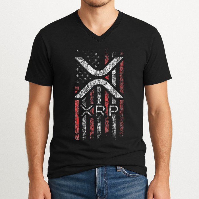 Crypto Currency Xrp Cryptocurrency American Flag Xrp V-Neck T-Shirt