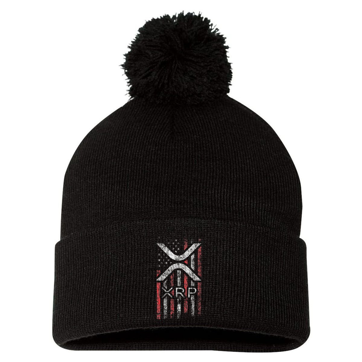 Crypto Currency Xrp Cryptocurrency American Flag Xrp Pom Pom 12in Knit Beanie