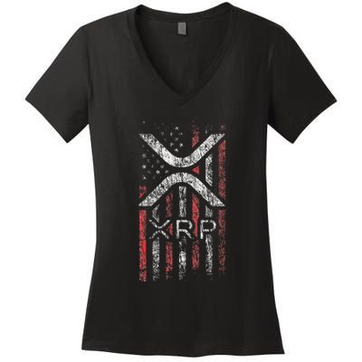 Crypto Currency Xrp Cryptocurrency American Flag Xrp Women's V-Neck T-Shirt