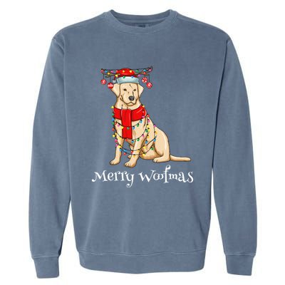 Christmas Cute Yellow Lab Dog Holiday Lights Merry Woofmas Gift Garment-Dyed Sweatshirt