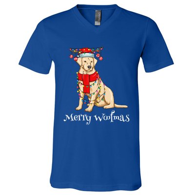 Christmas Cute Yellow Lab Dog Holiday Lights Merry Woofmas Gift V-Neck T-Shirt