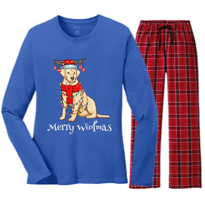 Christmas Cute Yellow Lab Dog Holiday Lights Merry Woofmas Gift Women's Long Sleeve Flannel Pajama Set 