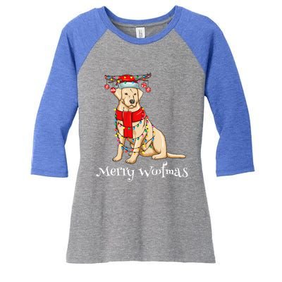 Christmas Cute Yellow Lab Dog Holiday Lights Merry Woofmas Gift Women's Tri-Blend 3/4-Sleeve Raglan Shirt