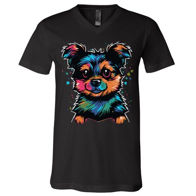 Cute Colorful Yorkshire Terrier Puppy V-Neck T-Shirt