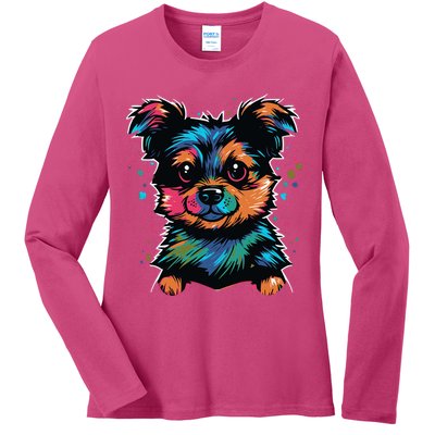 Cute Colorful Yorkshire Terrier Puppy Ladies Long Sleeve Shirt