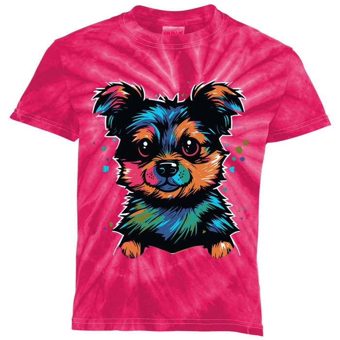 Cute Colorful Yorkshire Terrier Puppy Kids Tie-Dye T-Shirt