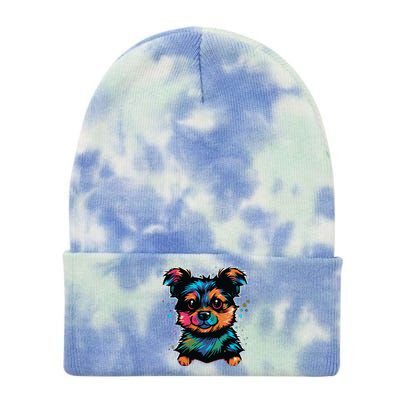 Cute Colorful Yorkshire Terrier Puppy Tie Dye 12in Knit Beanie