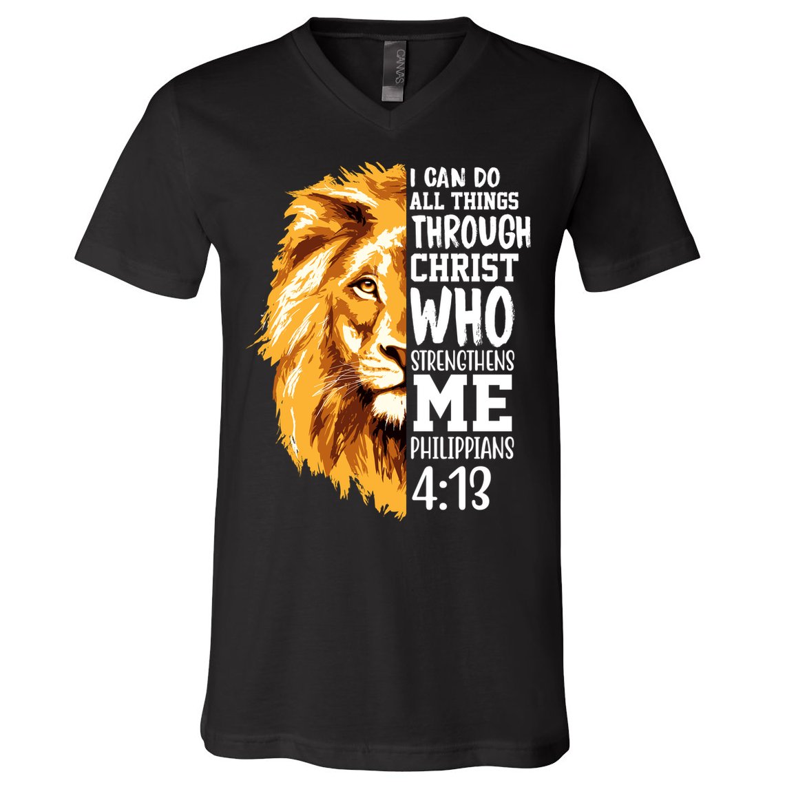 Can Do All Things Through Christ Bible Quote Lion V-Neck T-Shirt