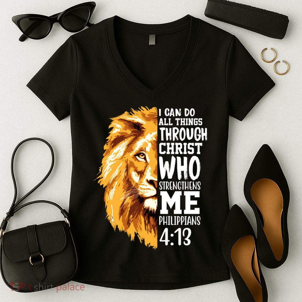 Can Do All Things Through Christ Bible Quote Lion Women's V-Neck T-Shirt