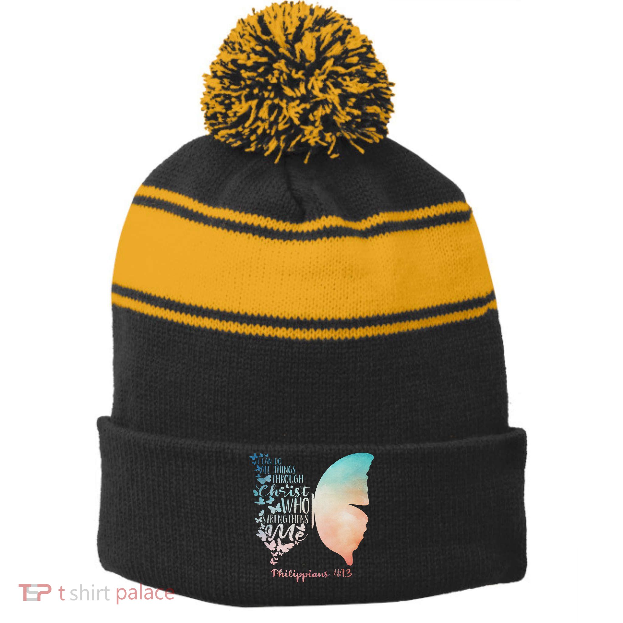 Can Do All Things Through Christ Who Strengthens Me Saying Stripe Pom Pom Beanie