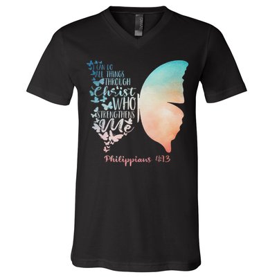 Can Do All Things Through Christ Who Strengthens Me Saying V-Neck T-Shirt