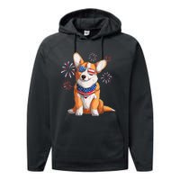 Corgi Dog American USA Flag 4th Of July Men Corgi Lover Performance Fleece Hoodie