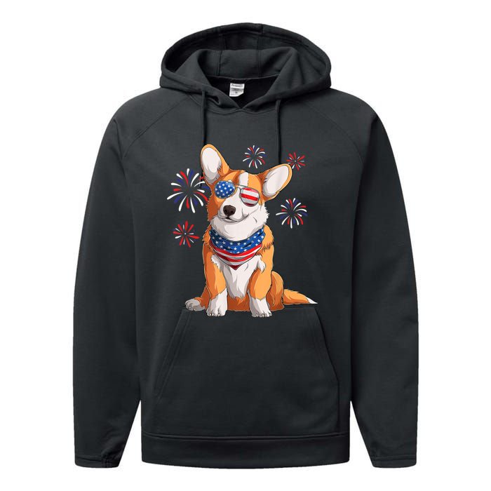 Corgi Dog American USA Flag 4th Of July Men Corgi Lover Performance Fleece Hoodie