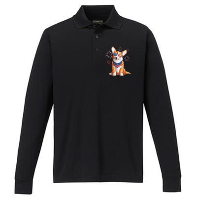 Corgi Dog American USA Flag 4th Of July Men Corgi Lover Performance Long Sleeve Polo