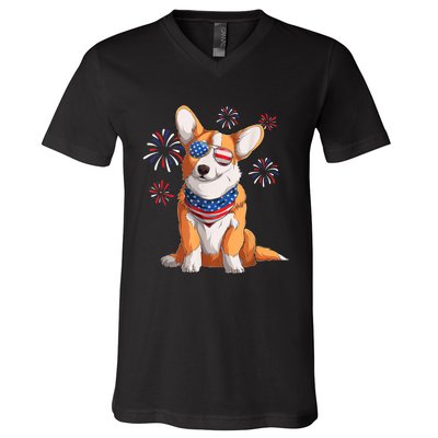 Corgi Dog American USA Flag 4th Of July Men Corgi Lover V-Neck T-Shirt