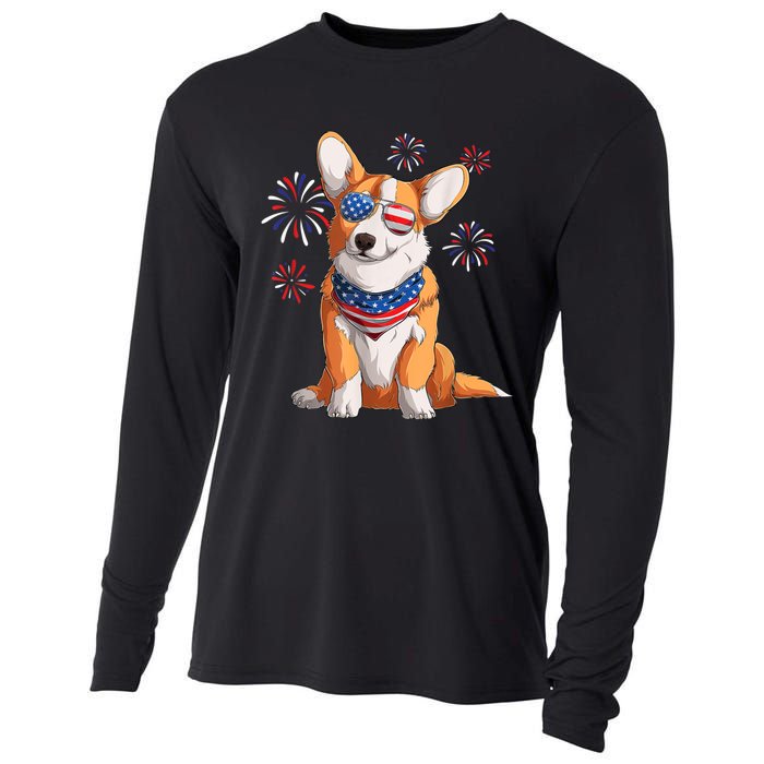 Corgi Dog American USA Flag 4th Of July Men Corgi Lover Cooling Performance Long Sleeve Crew