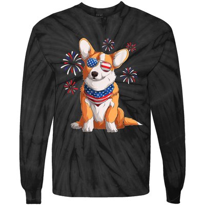 Corgi Dog American USA Flag 4th Of July Men Corgi Lover Tie-Dye Long Sleeve Shirt