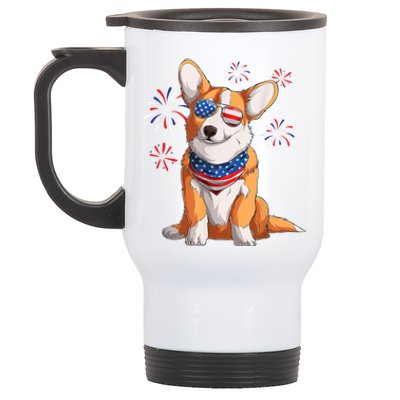 Corgi Dog American USA Flag 4th Of July Men Corgi Lover Stainless Steel Travel Mug