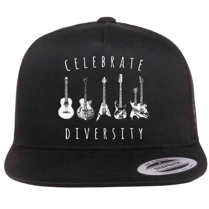 Celebrate Diversity Acoustic Guitar Musician Flat Bill Trucker Hat