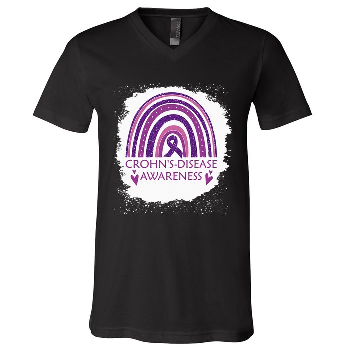 Crohn's Disease Awareness Bleached Rainbow Purple Ribbon V-Neck T-Shirt