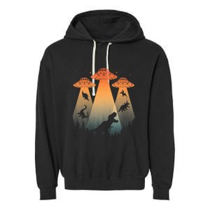 Cool Dinosaur Art Ufo Alien Abduction Dinosaur Garment-Dyed Fleece Hoodie