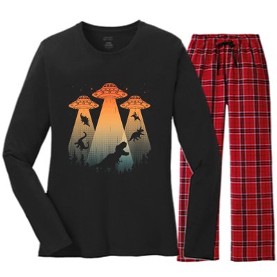 Cool Dinosaur Art Ufo Alien Abduction Dinosaur Women's Long Sleeve Flannel Pajama Set 