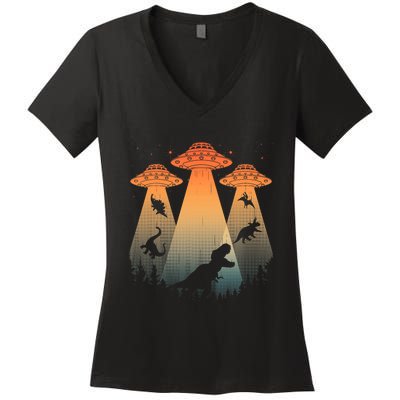 Cool Dinosaur Art Ufo Alien Abduction Dinosaur Women's V-Neck T-Shirt