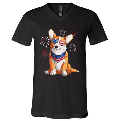 Corgi Dog American USA Flag 4th of July Corgi Lover V-Neck T-Shirt