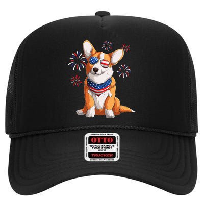 Corgi Dog American USA Flag 4th of July Corgi Lover High Crown Mesh Back Trucker Hat