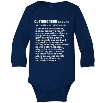 CURMUDGEON Definition Basketball Version Funny Senior Citizens Baby Long Sleeve Bodysuit