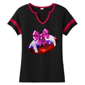 Cute Disco Ball Football Coquette Ribbon Style Ladies Halftime Notch Neck Tee