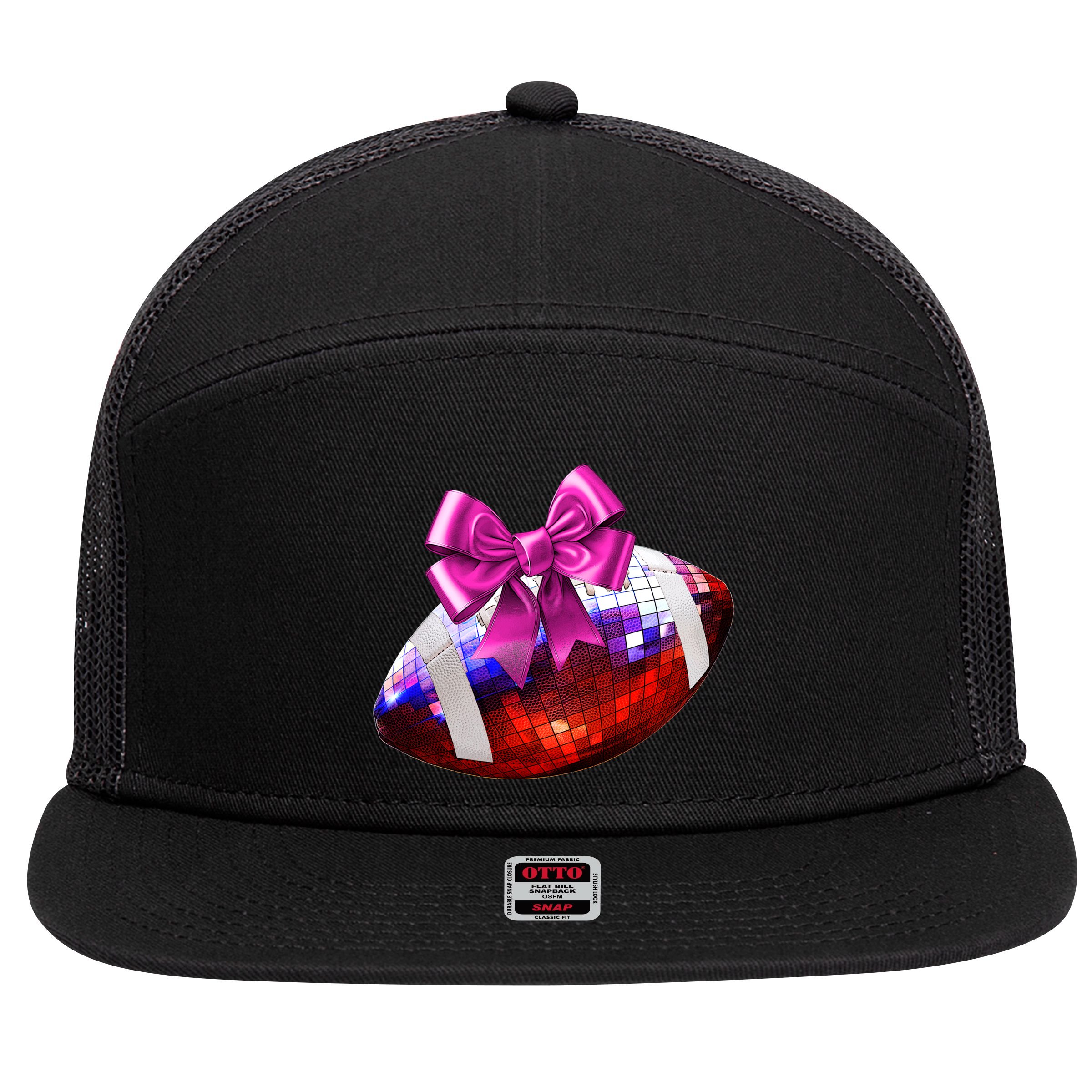 Cute Disco Ball Football Coquette Ribbon Style 7 Panel Mesh Trucker Snapback Hat